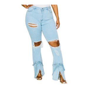 Plus Size Light Denim Flare Tie Jeans